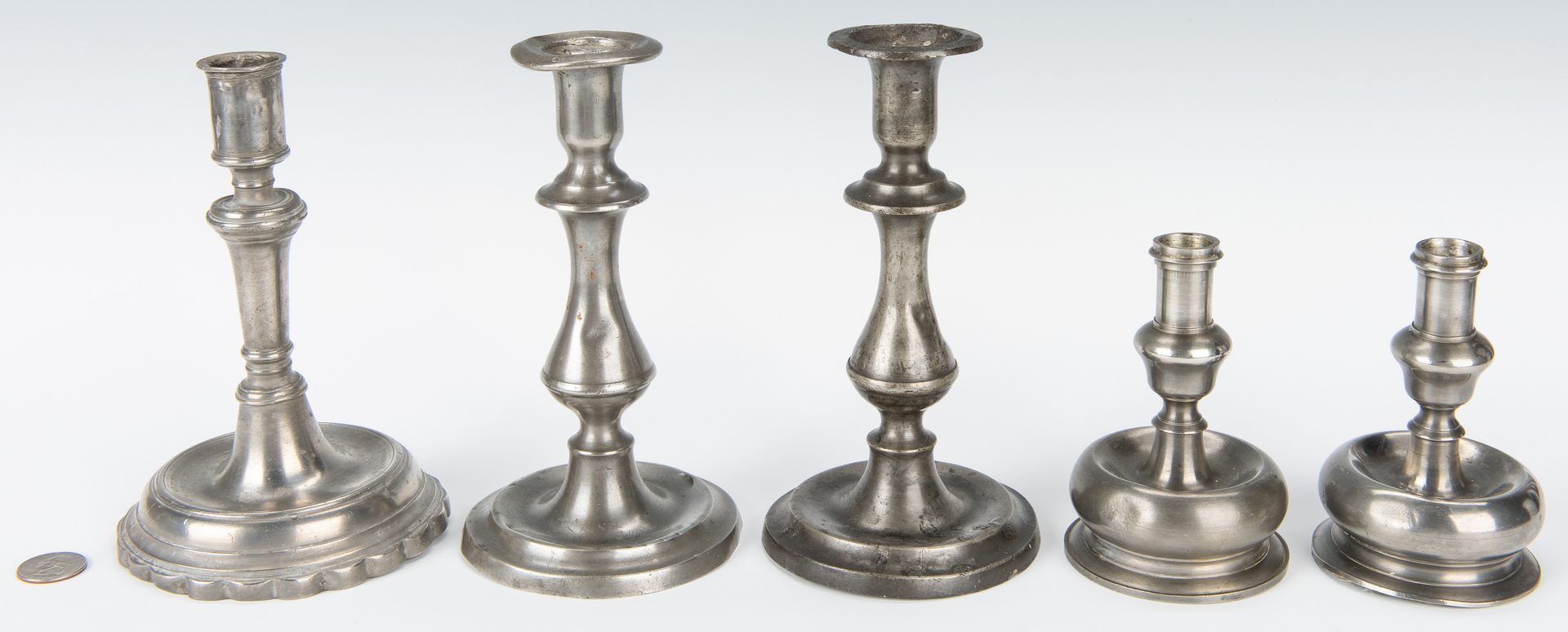 Lot 350: Group of 5 Pewter Candlesticks & 4 Wallpaper Boxes, New England
