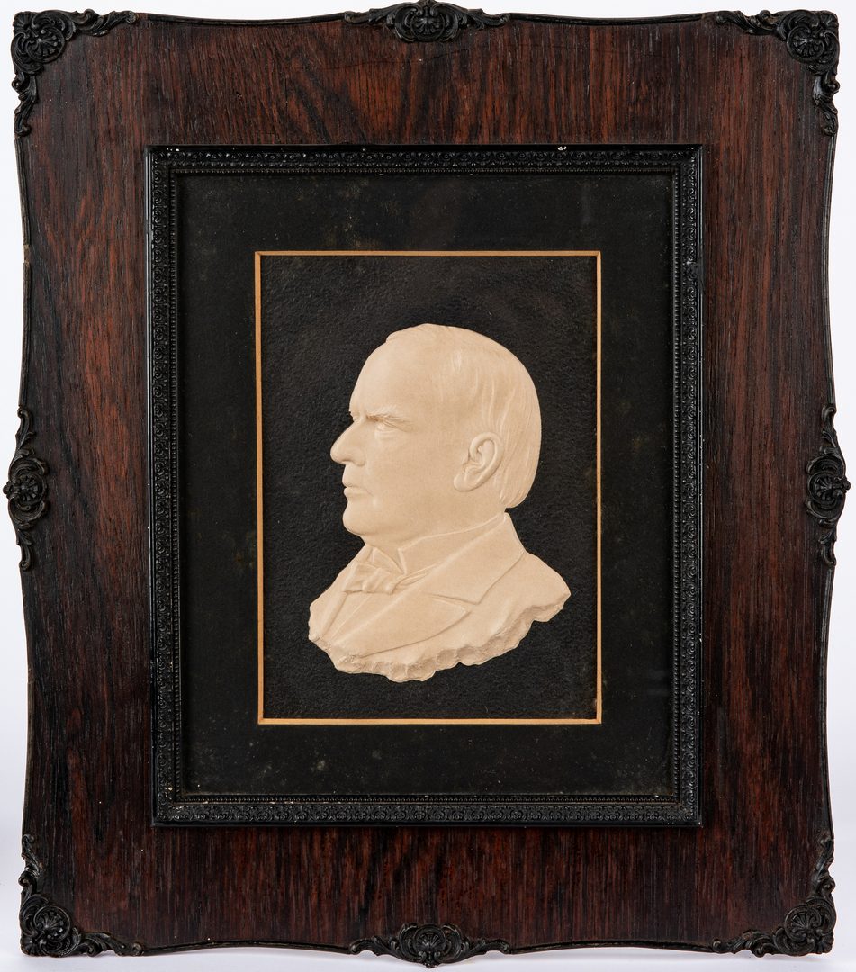 Lot 360: 3 Presidential Items: McKinley bas relief, Taylor & Harrison engravings