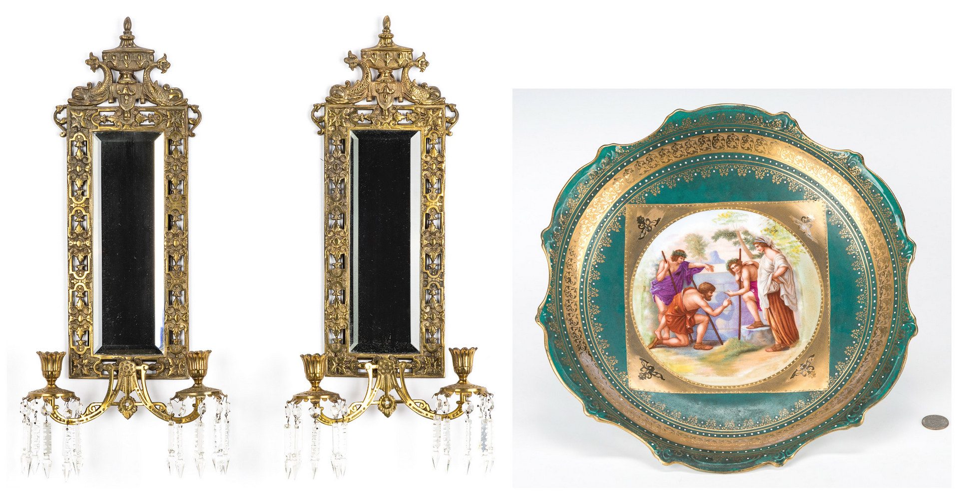 Lot 73: Bradley & Hubbard mirror sconces plus Austrian cabinet plate