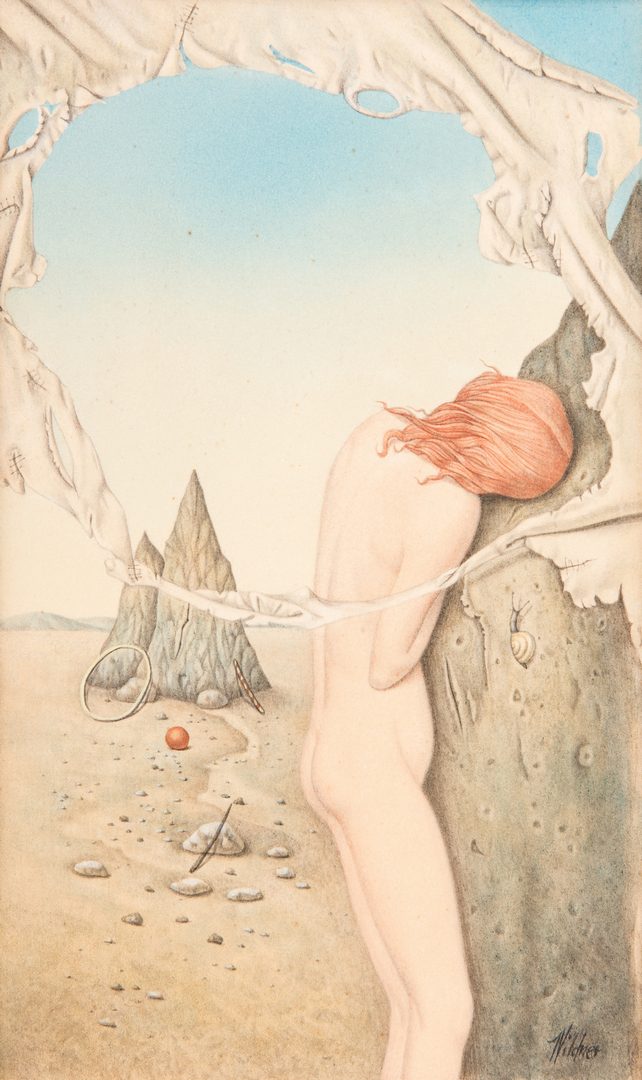 Lot 105: Werner Wildner Oil on Panel, Surrealist Female Nude in Landscape