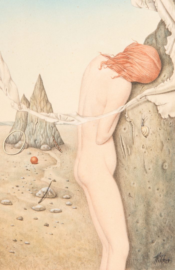 Lot 105: Werner Wildner Oil on Panel, Surrealist Female Nude in Landscape