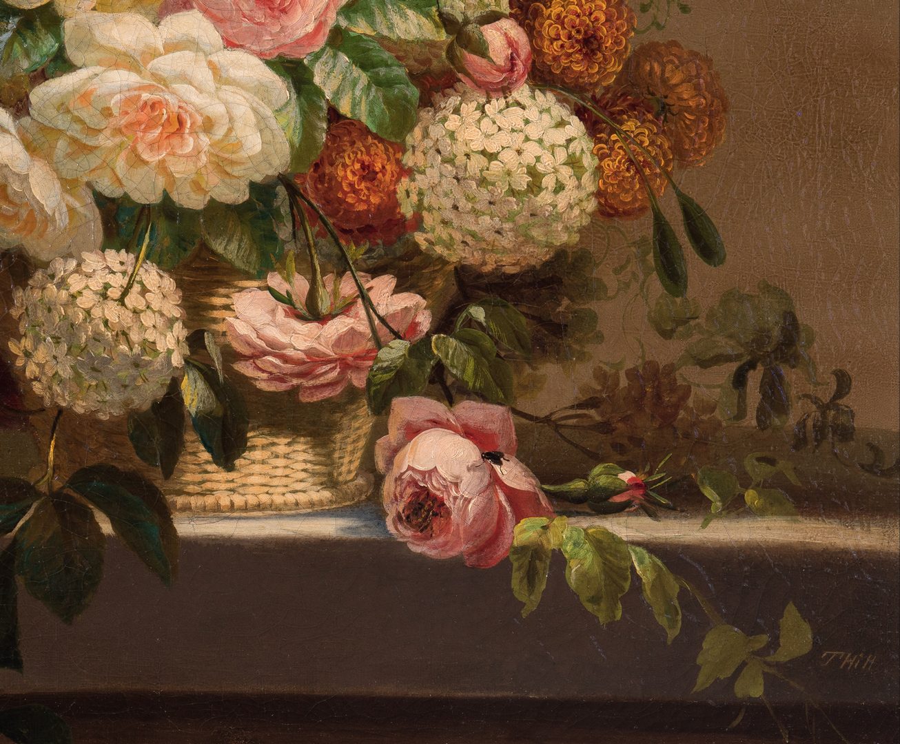Lot 116: Thomas Hill O/C Still Life, Flowers with Fly