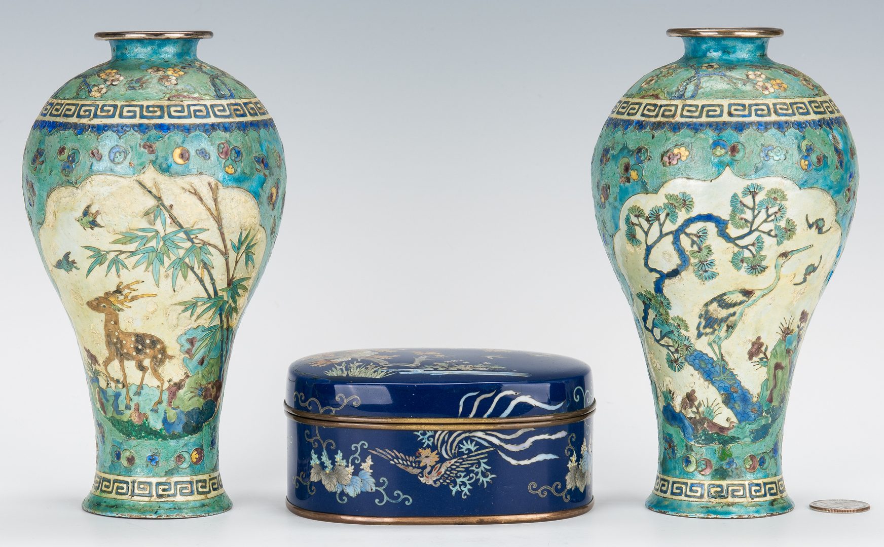 Lot 13: Pr. Chinese Silver & Cloisonne Vases plus cloisonne box