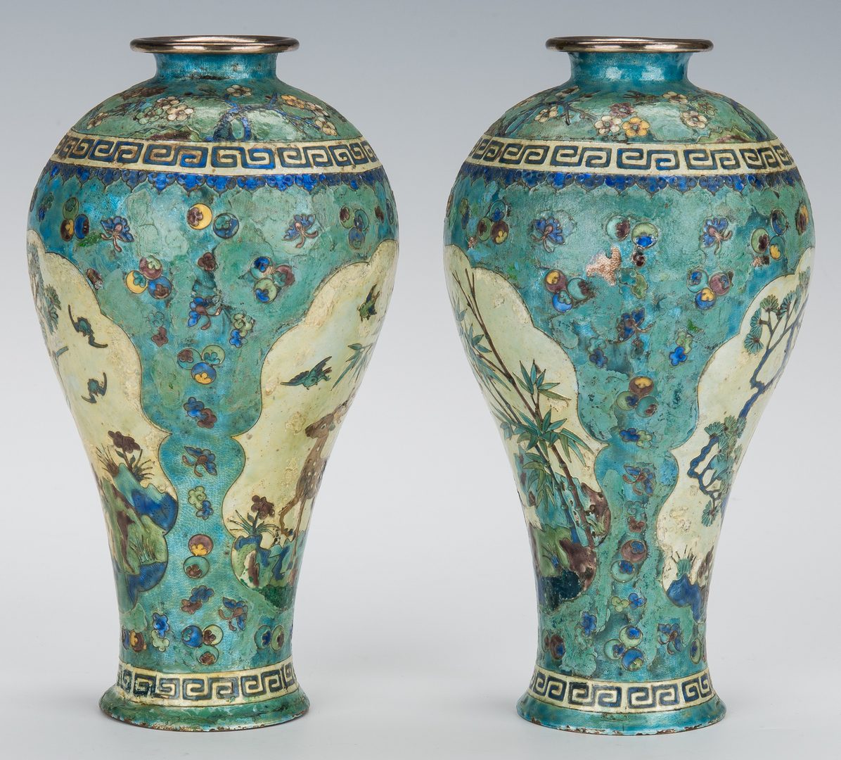 Lot 13: Pr. Chinese Silver & Cloisonne Vases plus cloisonne box