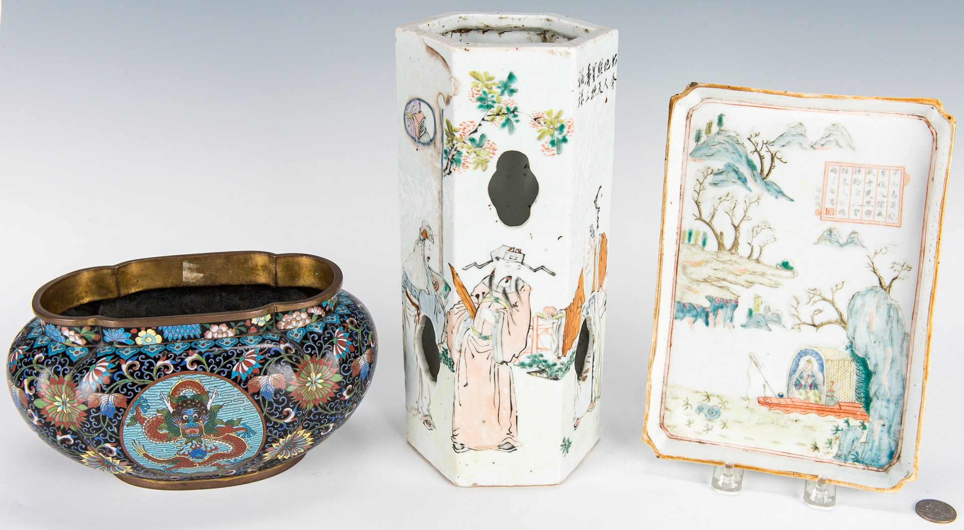 Lot 16: Cloisonne Lobed Bulb Pot, Famille Rose Tray and Hat Stand with Poem