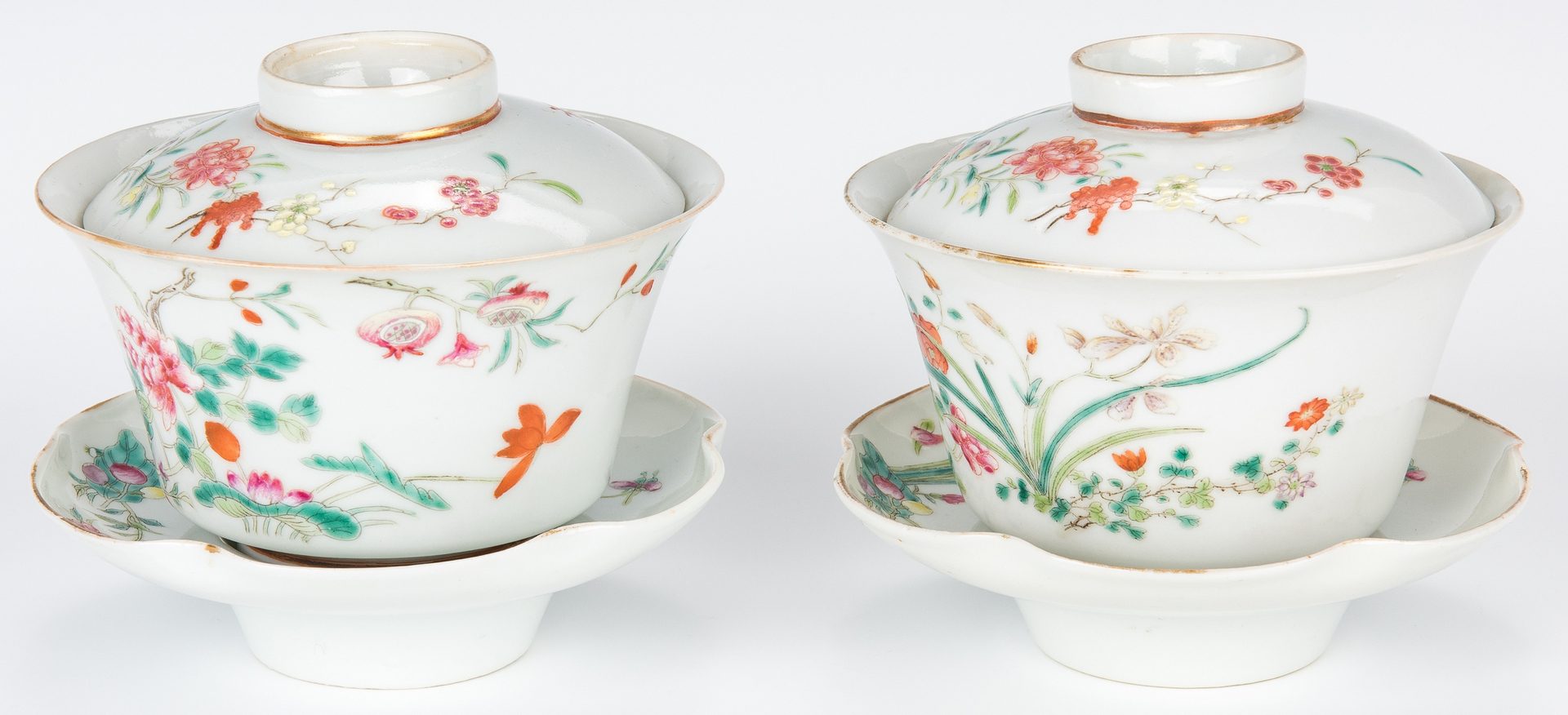 Lot 18: 4 Chinese Famille Rose Porcelain Tea Cups w/ Covers