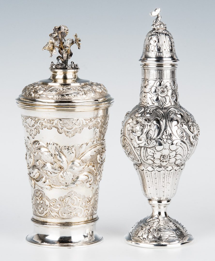 Lot 191: 4 Continental Silver items: Pair candlesticks, caster, cup and cover