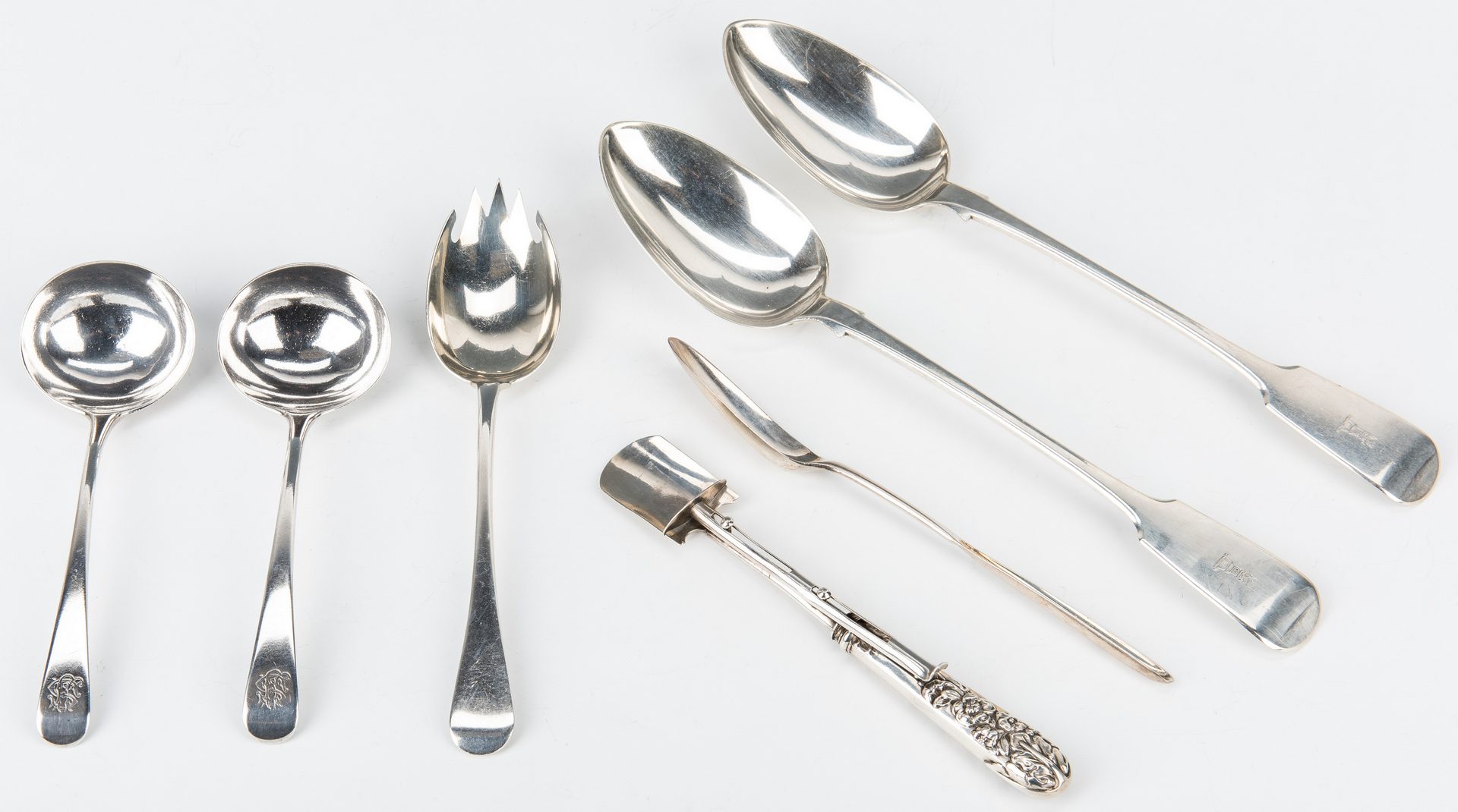 Lot 197: 7 British Serving Pieces, incl. Cheese Scoop