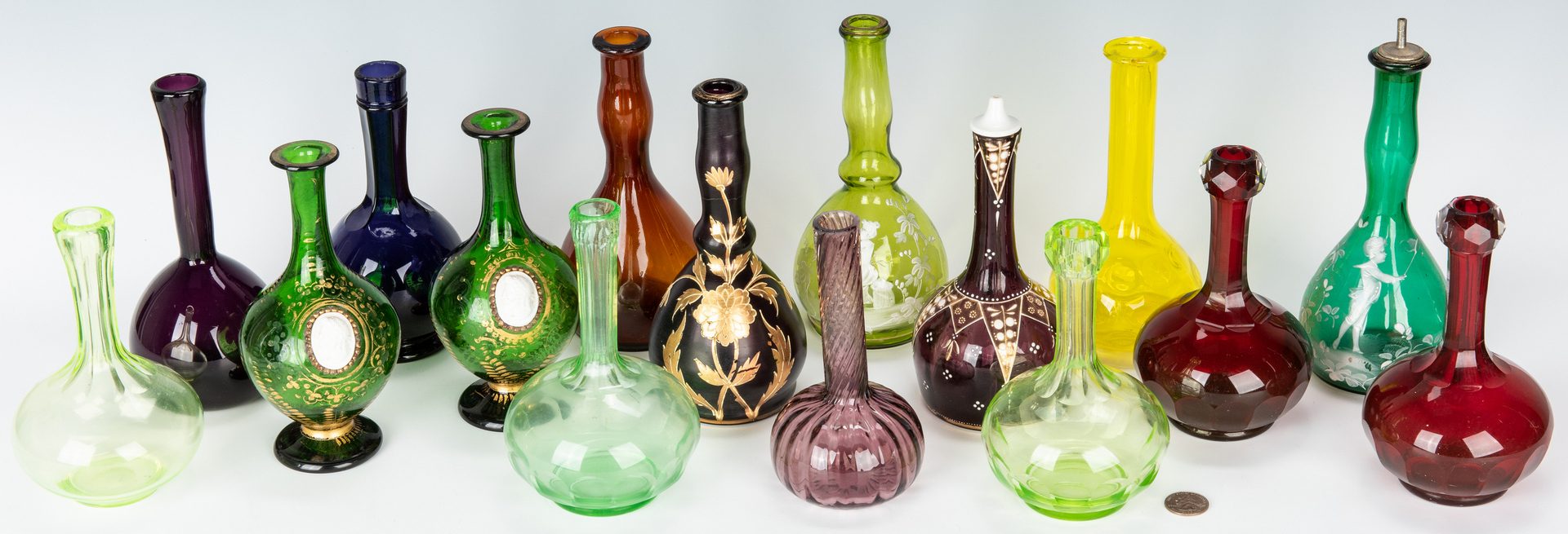 Lot 220: 16 Assorted Glass Barber Bottles, incl. Mary Gregory
