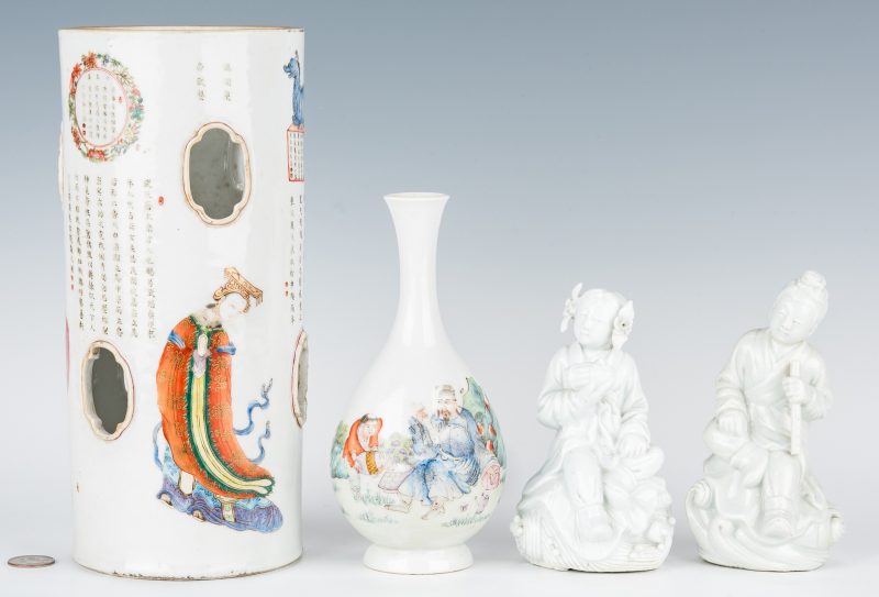 Lot 22: Chinese Hat Stand, Vase and Blanc de Chine Figures, 4 items