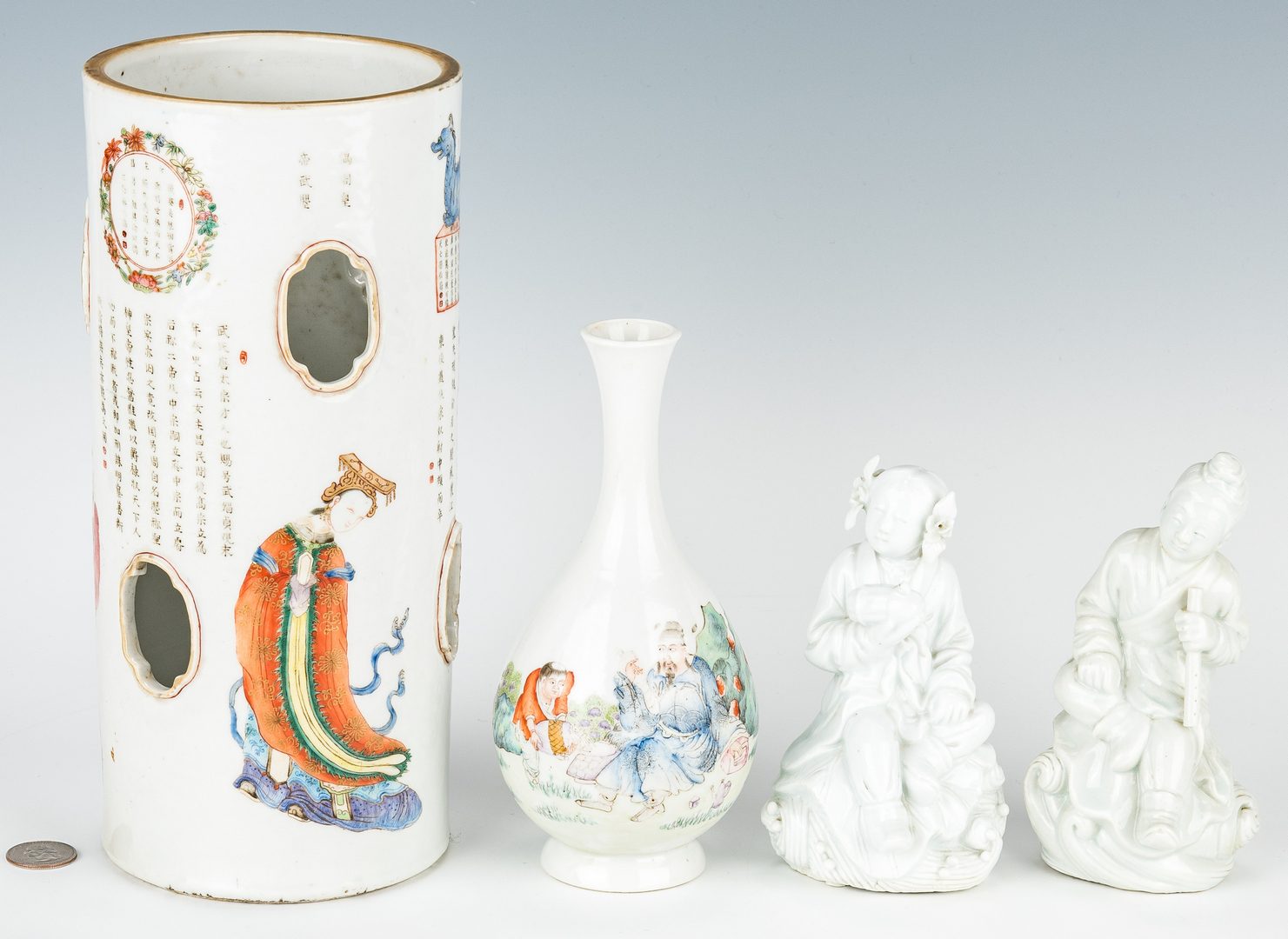 Lot 22: Chinese Hat Stand, Vase and Blanc de Chine Figures, 4 items