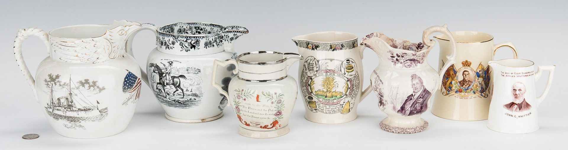Lot 241: 7 Historical Transferware Pitchers incl. Waterloo, Farmers Arms