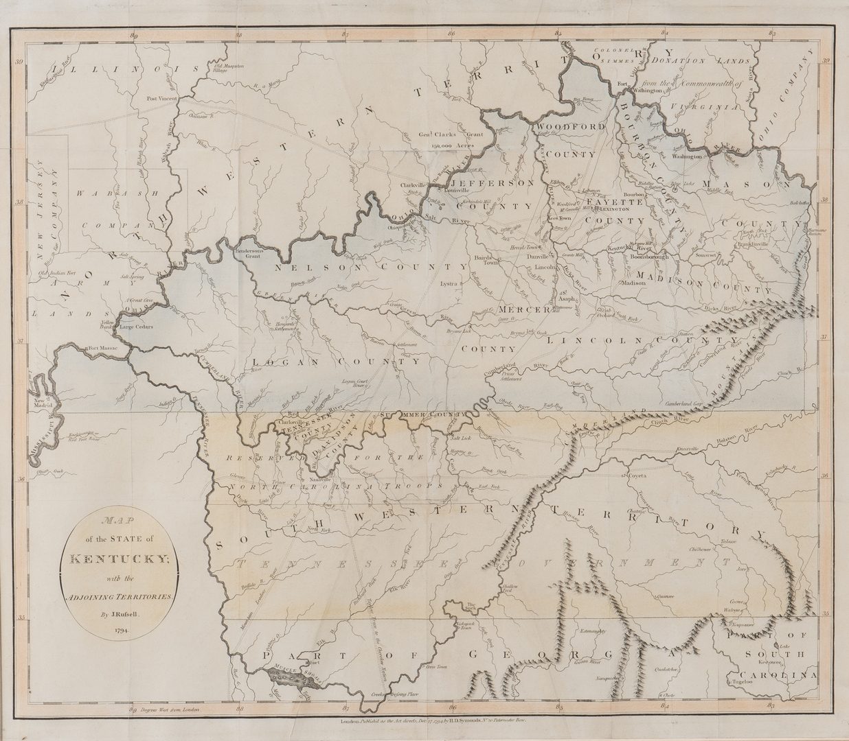 Lot 246: Map of Kentucky, 1794, J. Russell, showing Tennessee as SW Territory