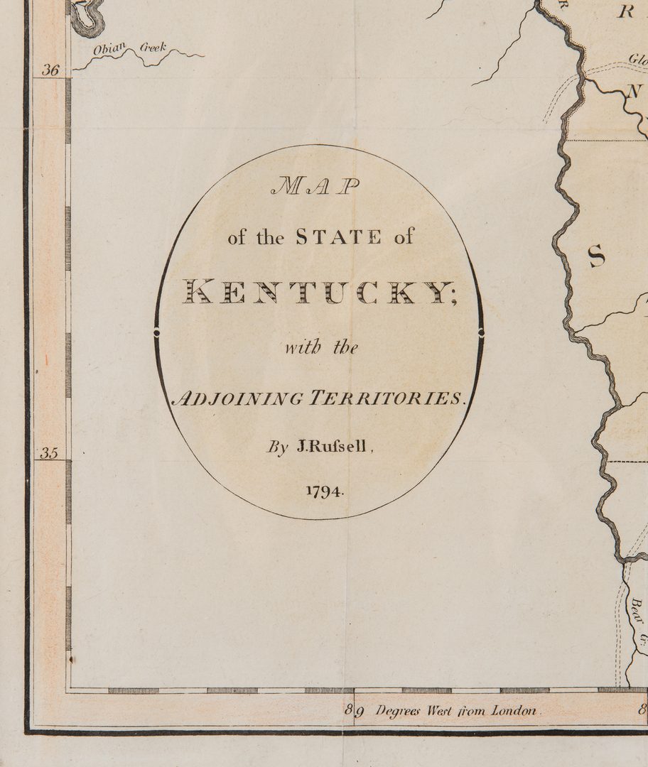Lot 246: Map of Kentucky, 1794, J. Russell, showing Tennessee as SW Territory