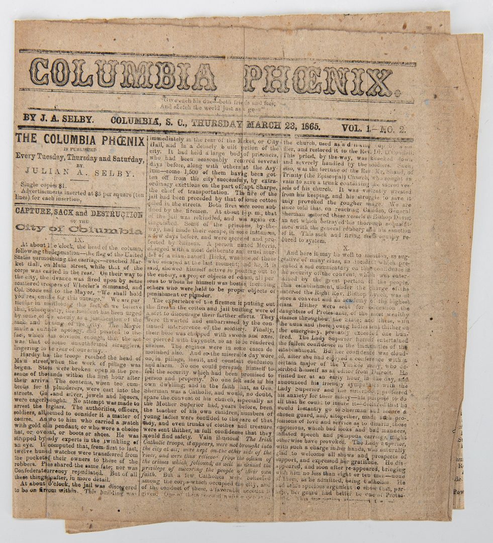 Lot 257: 3 Civil War era Newspapers, incl. Columbia Phoenix