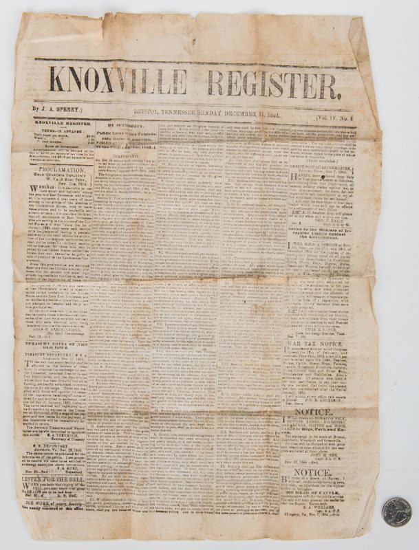 Lot 258: Knoxville Register Newspaper w/Battle of Franklin, Civil War News