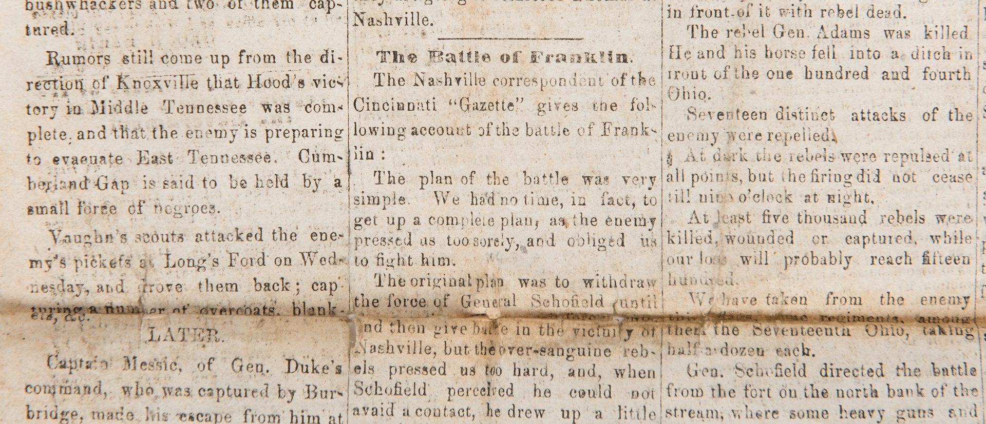 Lot 258: Knoxville Register Newspaper w/Battle of Franklin, Civil War News