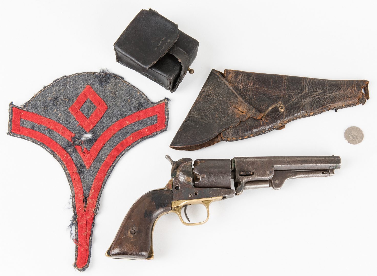 Lot 293: 5 Confederate Items, incl. Leather Holster/Cap Box, Chevron, Colt, ALS