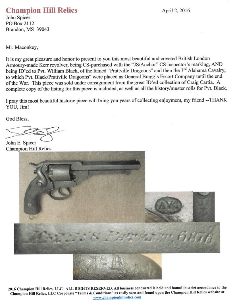 Lot 300: Kerr's Patent Revolver, .SN 6876, Alabama Soldier History
