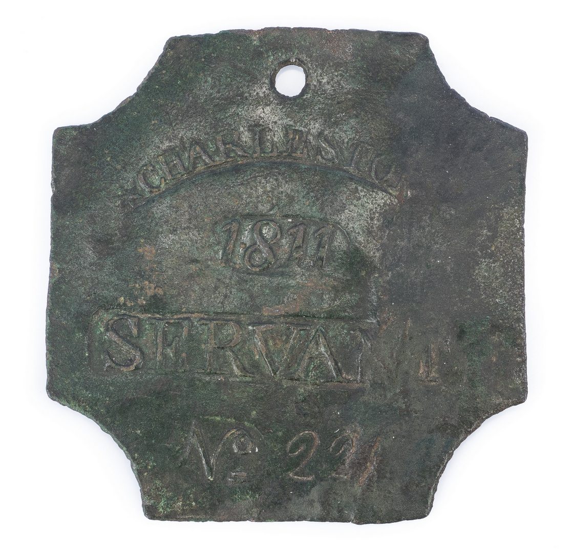 Lot 340: 2 Charleston Slave Hire Badges, incl. Lafar.