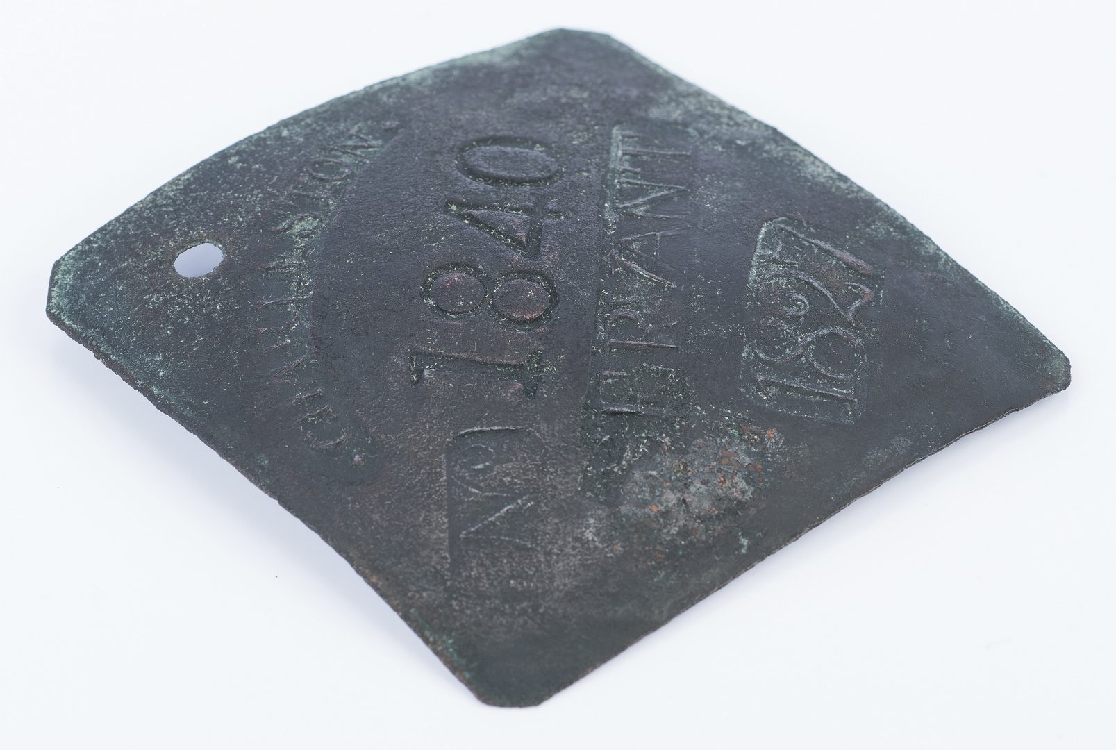 Lot 342: 1827 Charleston Lafar Servant Slave Hire Badge, Number 1840