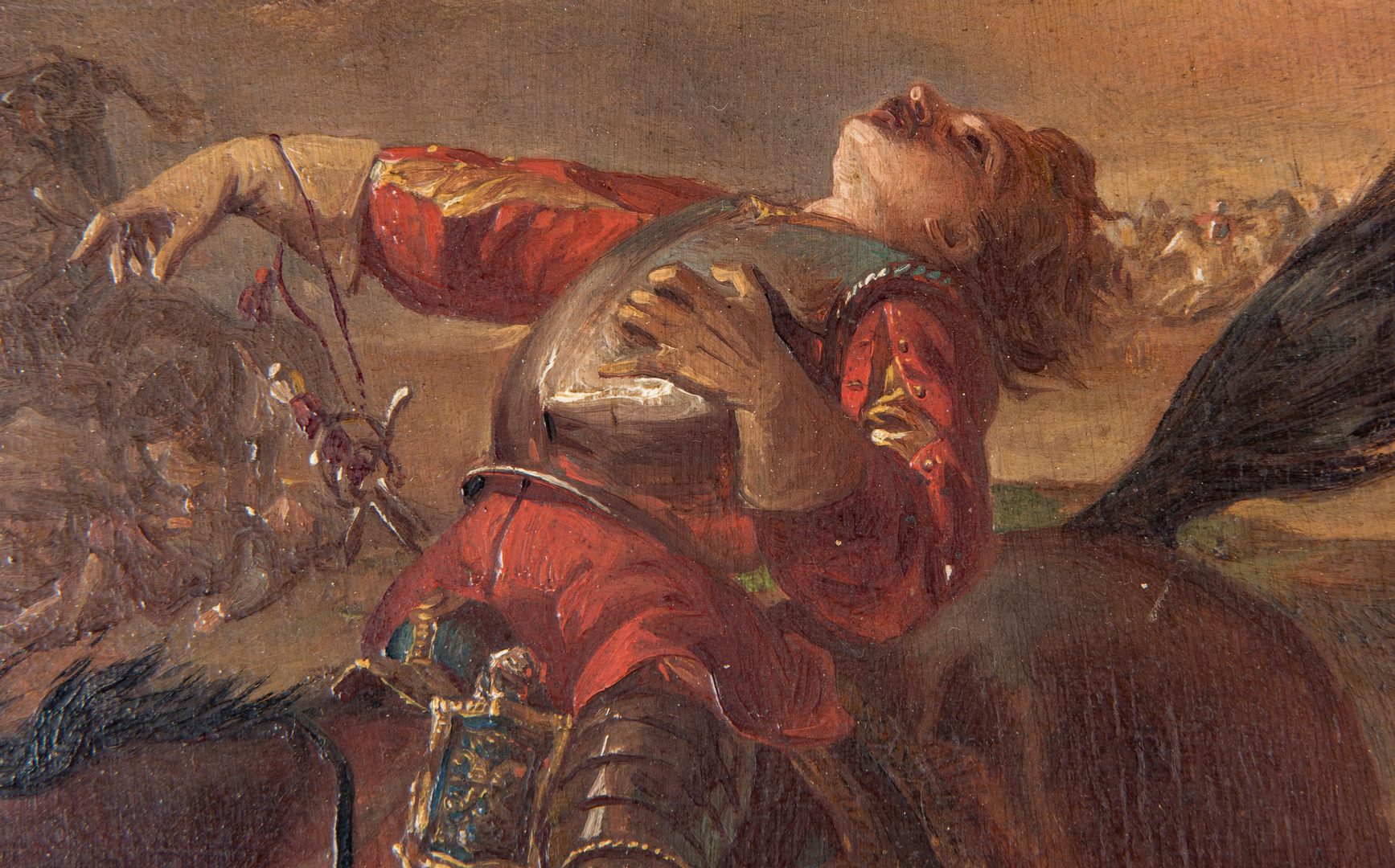 Lot 357: English School Painting, "Wounded in Battle"