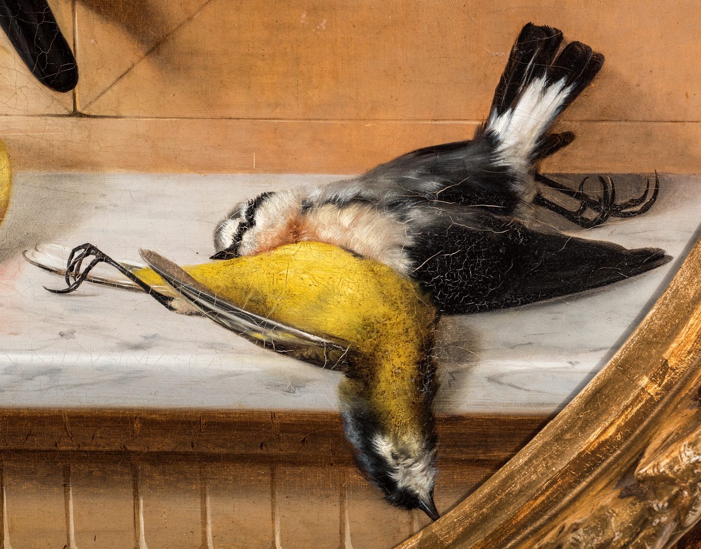 Lot 373: Oreste Costa, Oval Trompe L'Oeil Still life with Birds