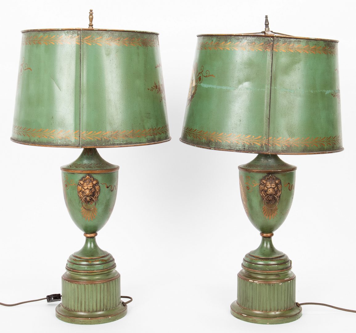 Lot 393: Pair French Green Tole Lamps