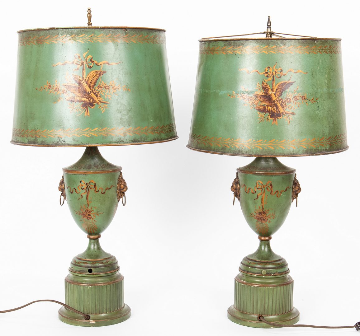 Lot 393: Pair French Green Tole Lamps