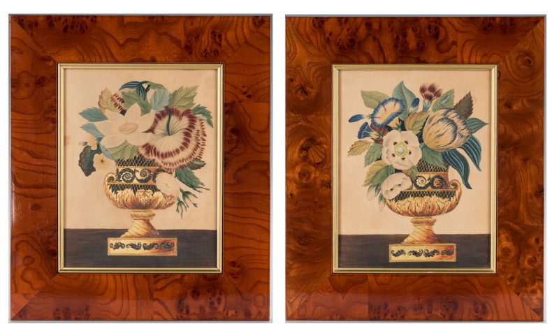 Lot 406: Pair Gilt-Embellished Watercolor Theorems, c. 1850