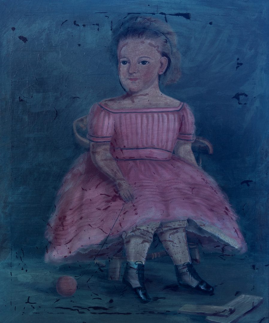 Lot 407: American O/C Folk Art Portrait of Young Girl