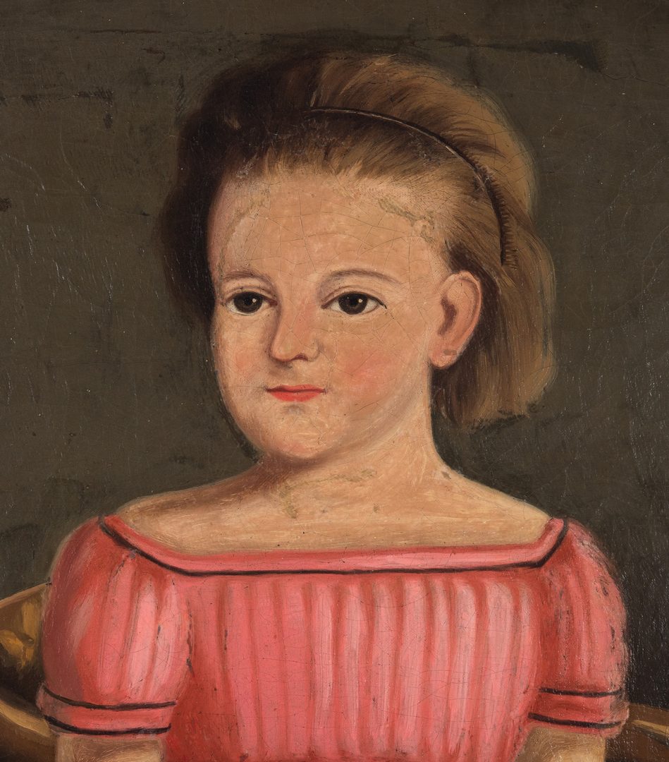 Lot 407: American O/C Folk Art Portrait of Young Girl