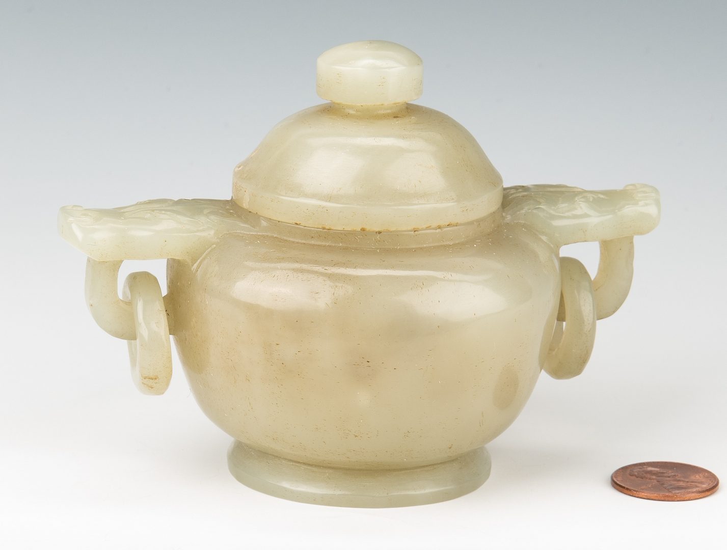 Lot 466: Chinese Celadon Jade Jar w/ Dragon Handles