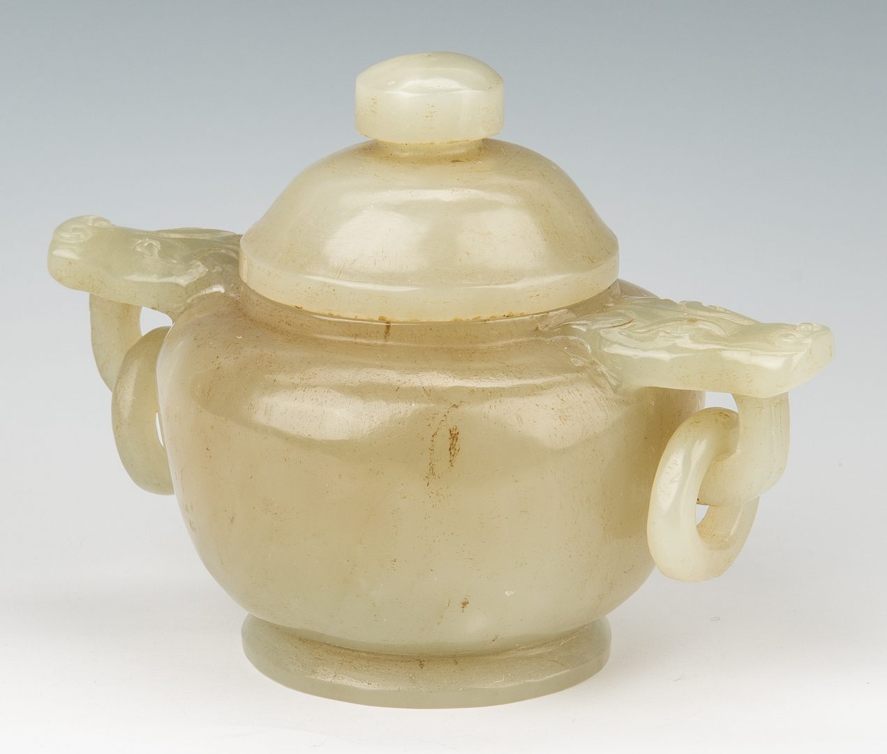 Lot 466: Chinese Celadon Jade Jar w/ Dragon Handles