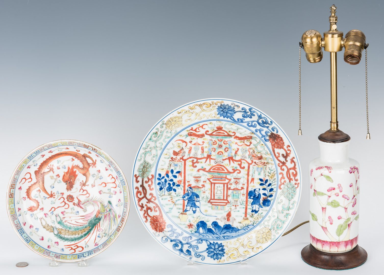 Lot 481: Chinese Famille Rose Dish, Lamp and Famille Verte Charger