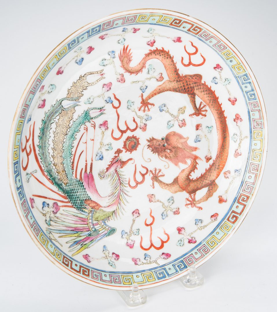 Lot 481: Chinese Famille Rose Dish, Lamp and Famille Verte Charger