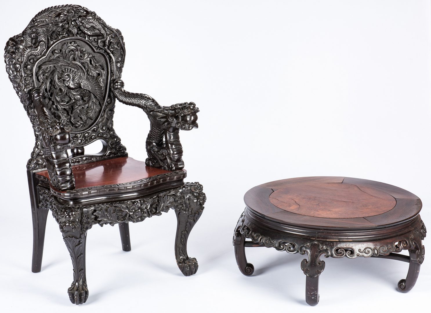 Lot 489: Chinese Carved Dragon Arm Chair & Low Table, 2 items