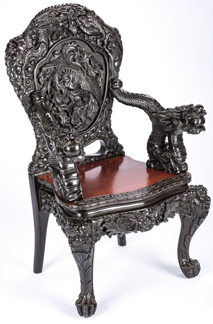 Lot 489: Chinese Carved Dragon Arm Chair & Low Table, 2 items