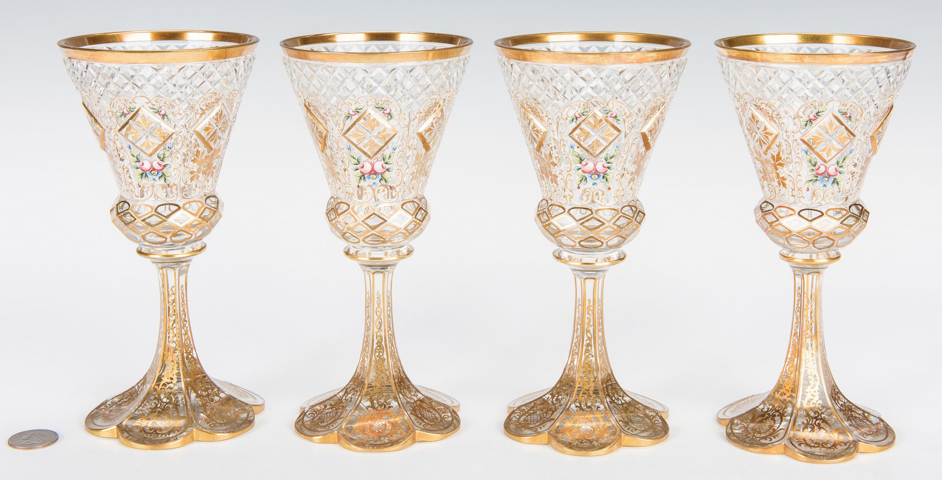 Lot 492: 4 Cut and Enameled Glass Goblets, poss. Moser