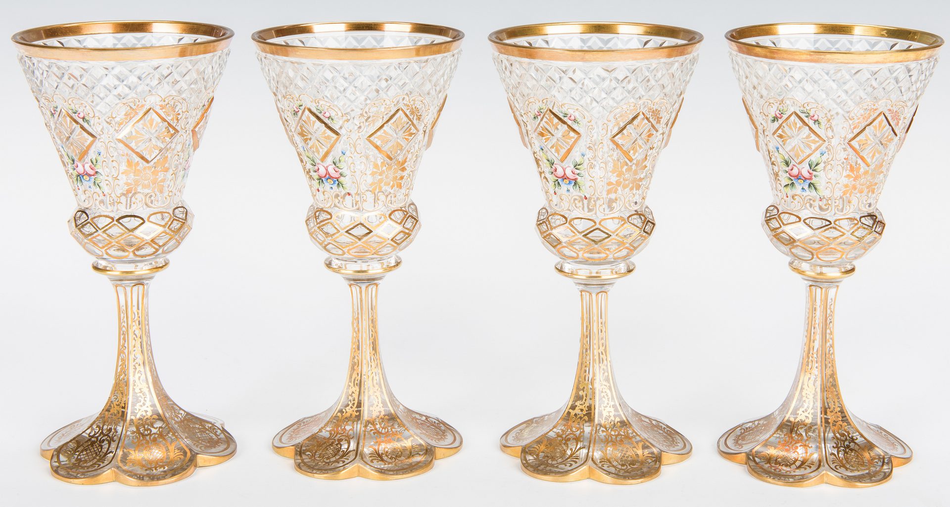 Lot 492: 4 Cut and Enameled Glass Goblets, poss. Moser