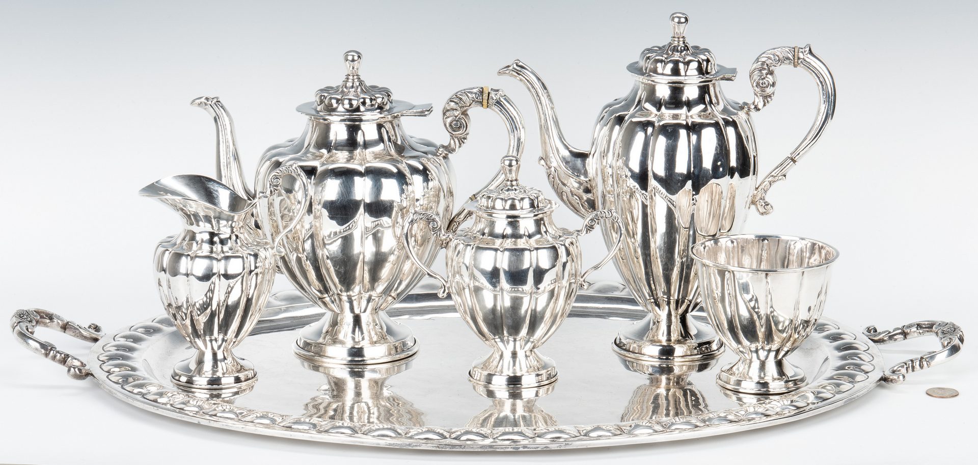 Lot 54: 6 pc. Mexican Sterling Tea Set w/ Sterling Tray