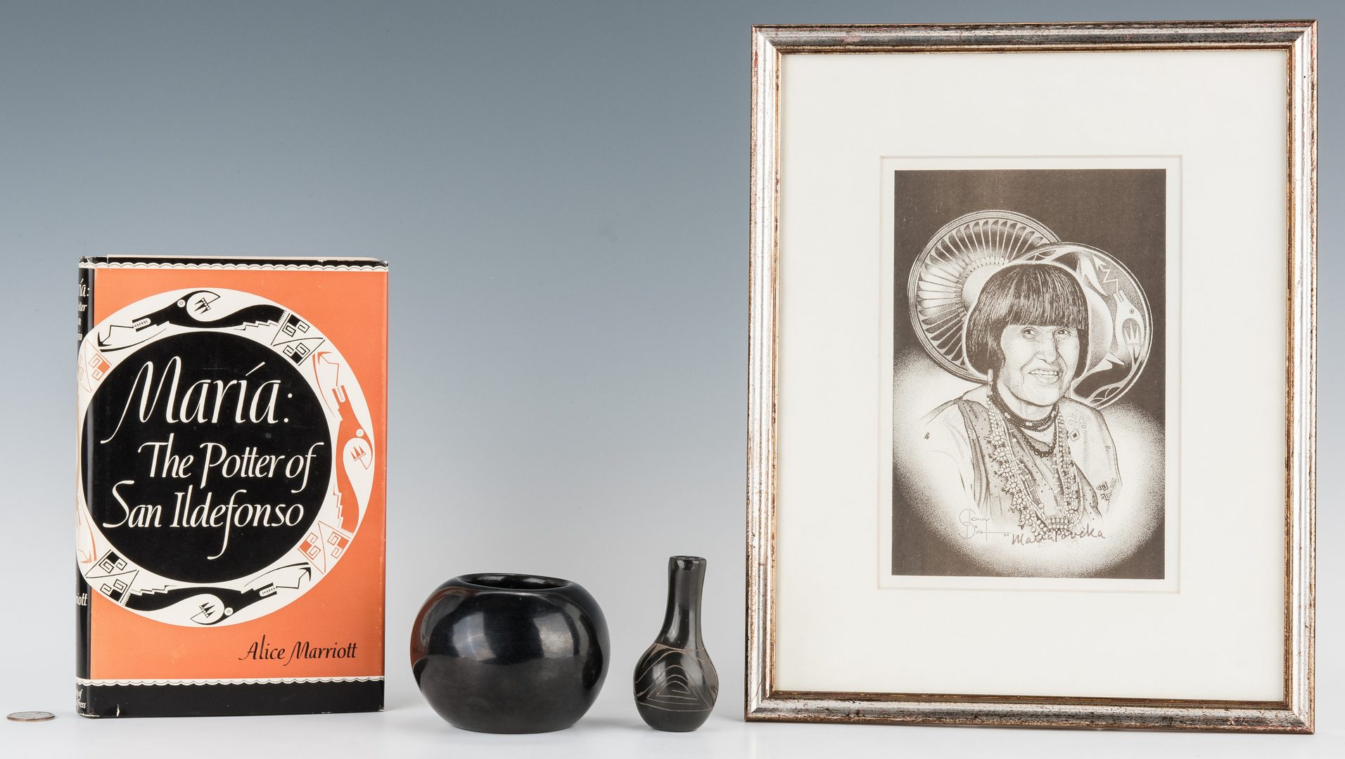 Lot 603: Maria Martinez bowl, miniature vase, portrait and book