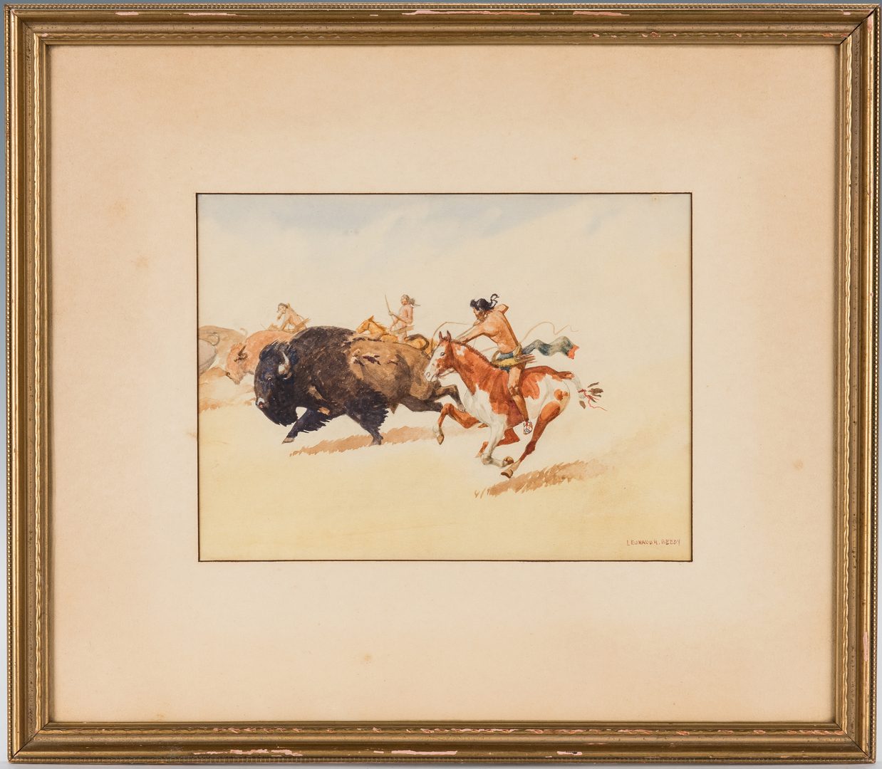 Lot 611: Leonard H. Reedy Watercolor, Buffalo Hunt