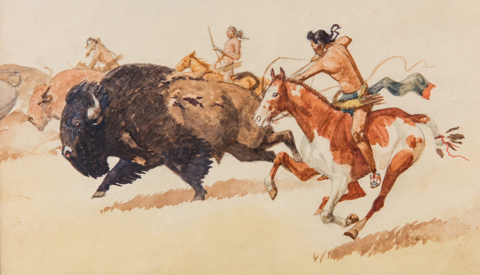 Lot 611: Leonard H. Reedy Watercolor, Buffalo Hunt
