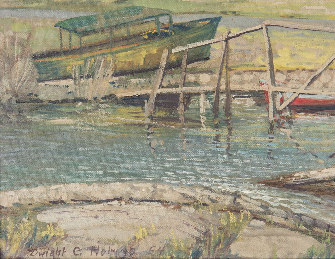 Lot 620: Dwight Holmes Oil Landscape, Bridge & Boats