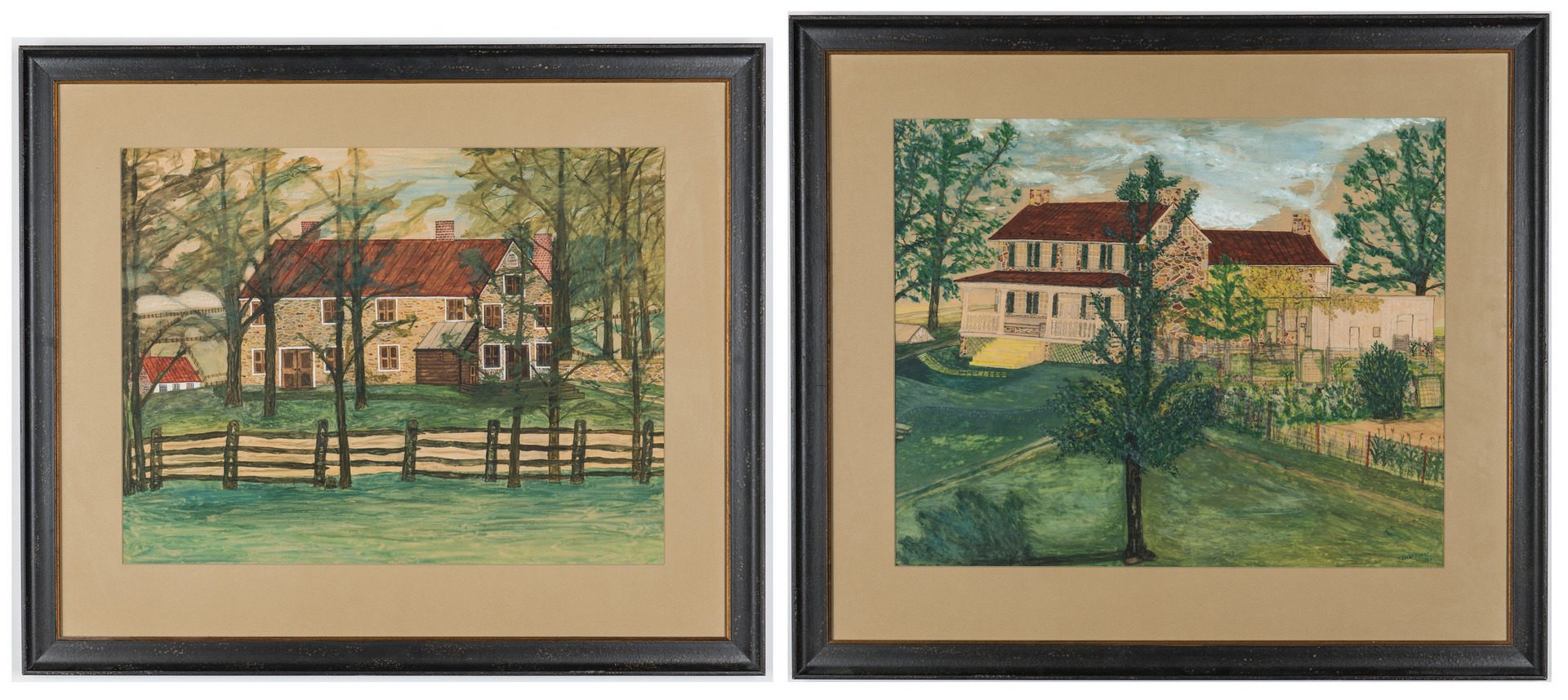 Lot 630: Pair 1930s Waterford VA Folk Art House Paintings