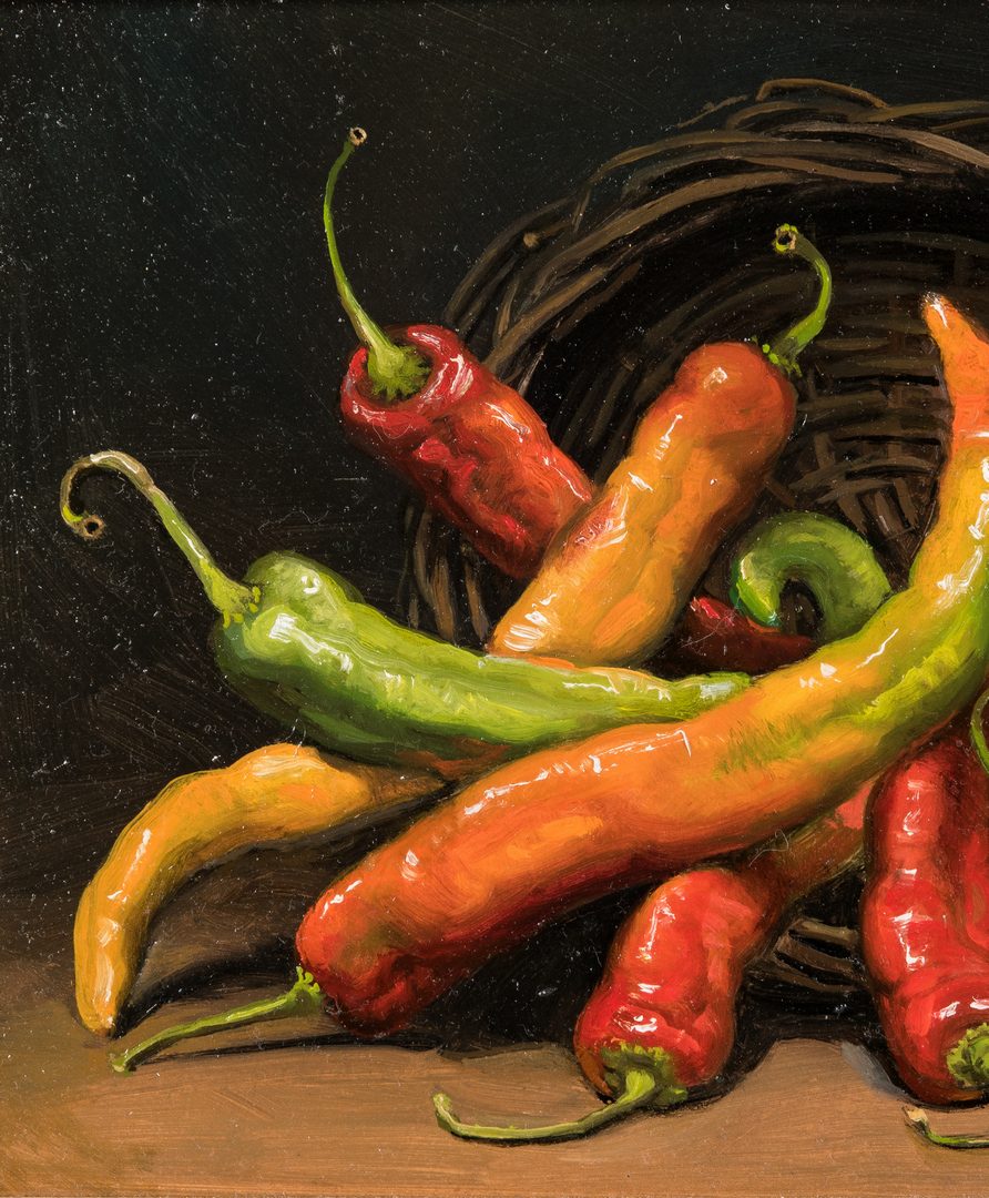Lot 724: Ann Leggett O/B, Chili Pepper Still Life Painting