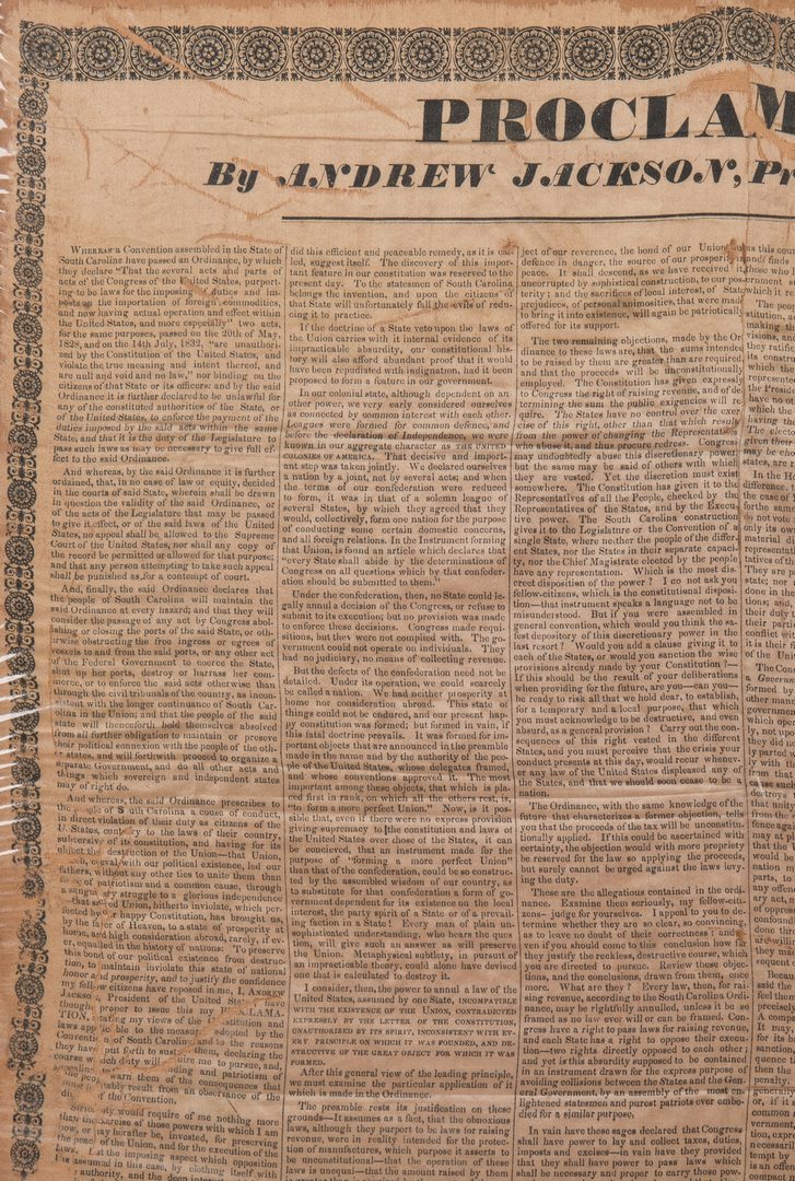 Lot 757: Andrew Jackson Silk Broadside, 1832 Proclamation to SC