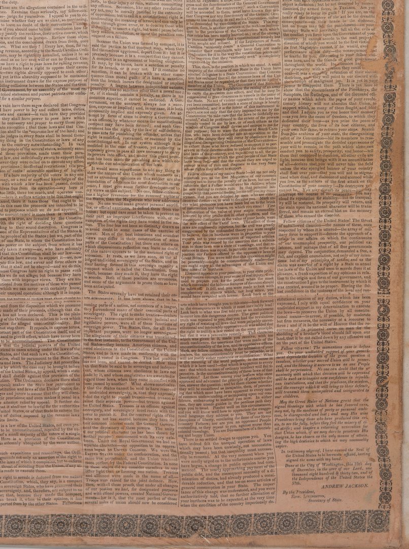 Lot 757: Andrew Jackson Silk Broadside, 1832 Proclamation to SC