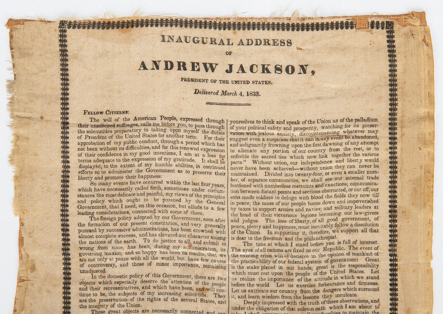 Lot 758: 2 Jackson items, incl. Printed Silk Broadside, 2nd Inauguration Speech